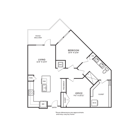 Floor plan for 1 bed, 1 bath, 893 sqft